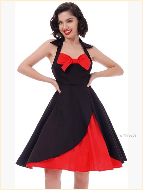 Dresses & Skirts - Vintage Halter Polka Dot Floral Print Swing A Line Midi Dress Cocktail Party
